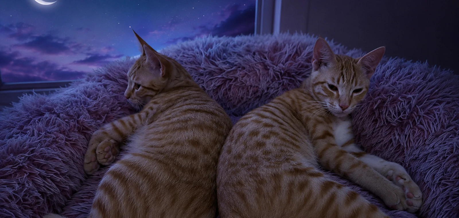 Alani and Monster curled back to back in a purple bed at night.