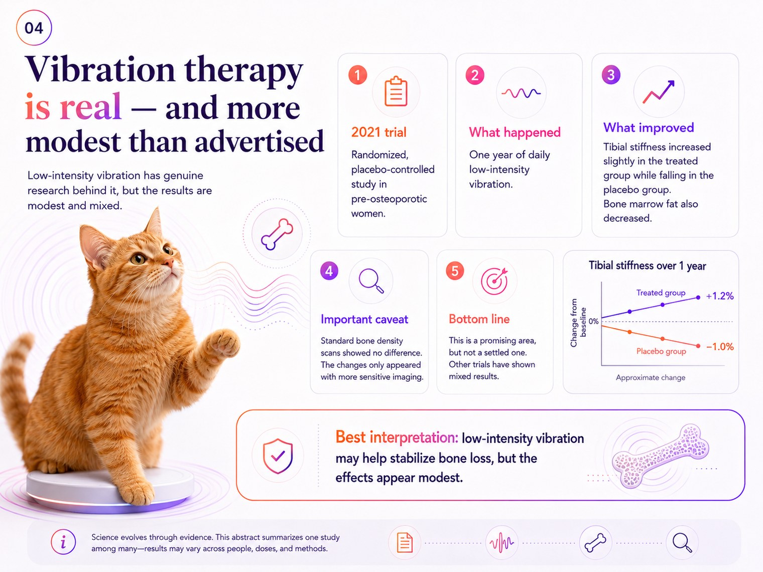 Breakdown of the 2021 low-intensity vibration trial. One: a randomised, placebo-controlled study in pre-osteoporotic women. Two: one year of daily low-intensity vibration. Three: tibial stiffness increased slightly in the treated group while falling in the placebo group, and bone marrow fat decreased. Four: standard bone density scans showed no difference — changes only appeared with more sensitive imaging. Five: a promising area, but not a settled one, as other trials have shown mixed results. A chart shows tibial stiffness over one year rising about 1.2 percent in the treated group and falling about 1.0 percent in the placebo group. Best interpretation: low-intensity vibration may help stabilise bone loss, but the effects appear modest.