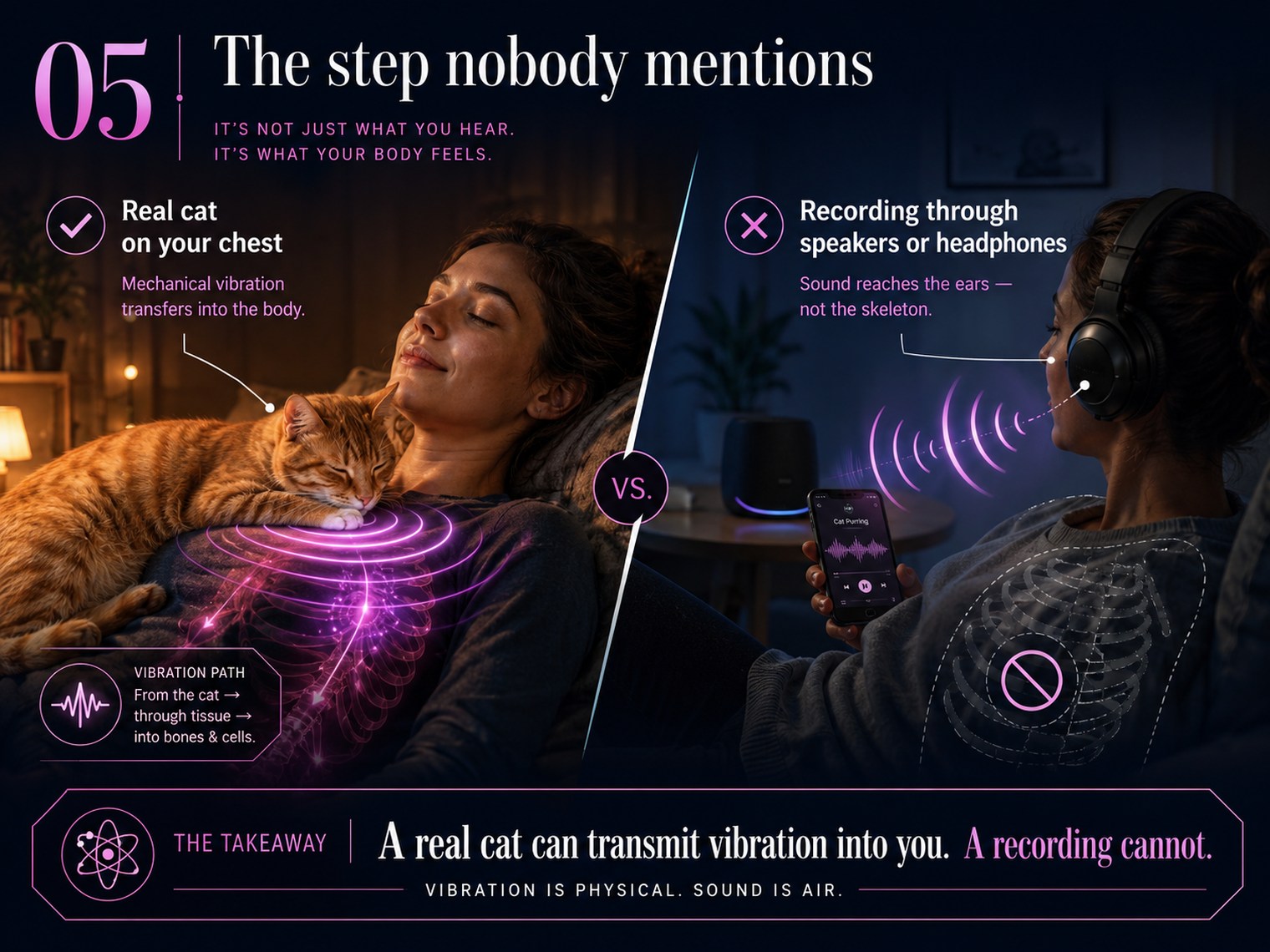 Side-by-side comparison titled: it is not just what you hear, it is what your body feels. On the left, a real cat resting on a woman's chest — mechanical vibration transfers into the body, travelling from the cat through tissue into bones and cells. On the right, a woman listening to a purr recording through headphones and a speaker — sound reaches the ears, not the skeleton, marked with a crossed-out symbol over her ribcage. The takeaway: a real cat can transmit vibration into you, a recording cannot. Vibration is physical, sound is air.