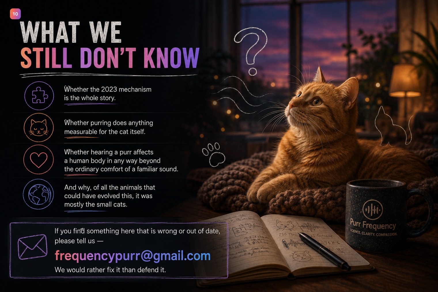 Four open questions. Whether the 2023 mechanism is the whole story. Whether purring does anything measurable for the cat itself. Whether hearing a purr affects a human body in any way beyond the ordinary comfort of a familiar sound. And why, of all the animals that could have evolved this, it was mostly the small cats. Below: if you find something here that is wrong or out of date, please tell us at frequencypurr@gmail.com. We would rather fix it than defend it.